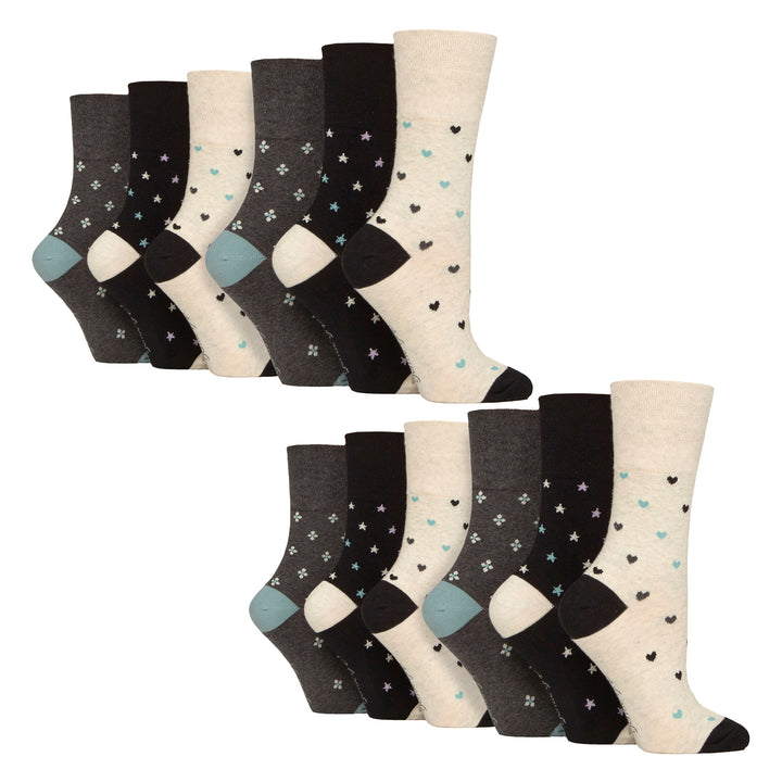 12 Pairs Ladies Cotton Socks | Patterned Soft Non-Binding Everyday Socks