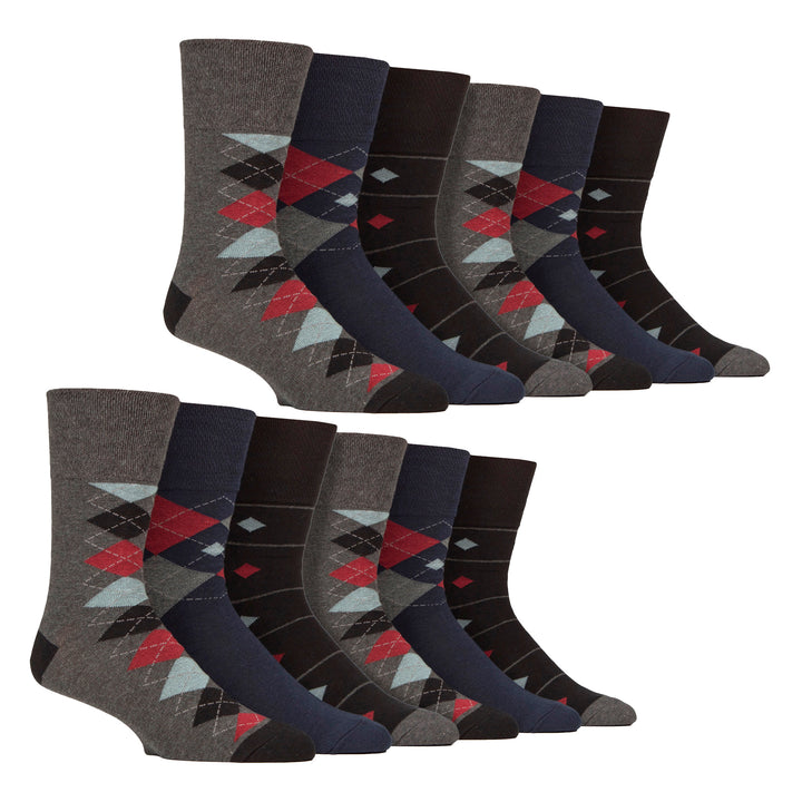 12 Pairs Mens Cotton Socks | Patterned Soft Non-Binding Everyday Socks