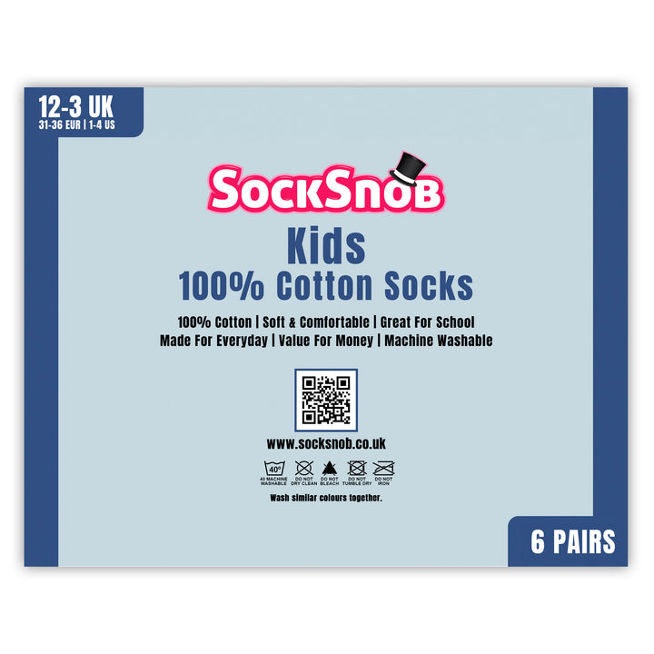 6 Pack Kids 100% Cotton Breathable Socks
