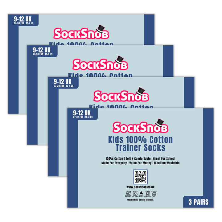 12 Pack Kids 100% Cotton Trainer Socks