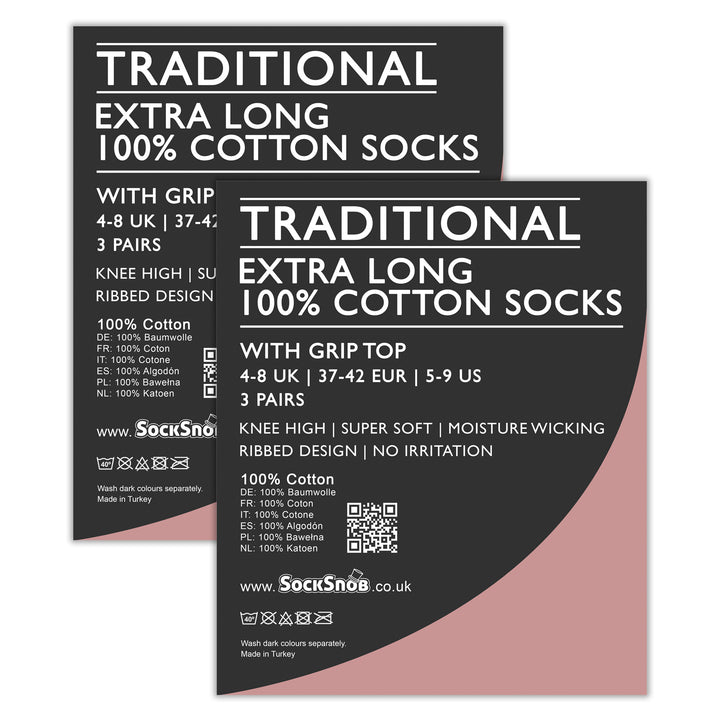 6 Pairs Ladies 100% Cotton Knee High Socks | Long Ribbed Non Elastic Top Socks
