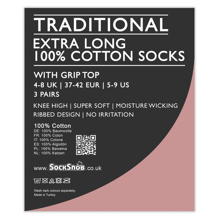Ladies 3 Pack Knee High 100% Cotton Soft Breathable Socks