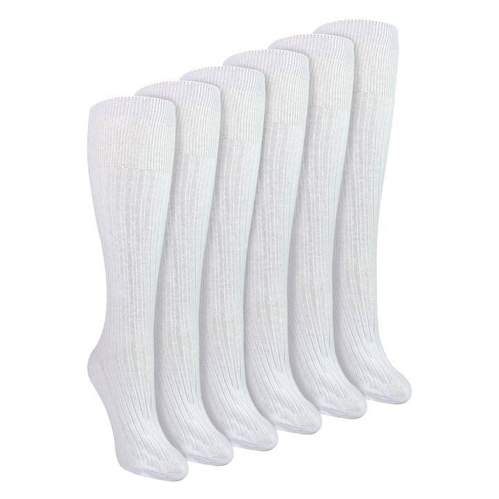 6 Pairs Ladies 100% Cotton Knee High Socks | Long Ribbed Non Elastic Top Socks