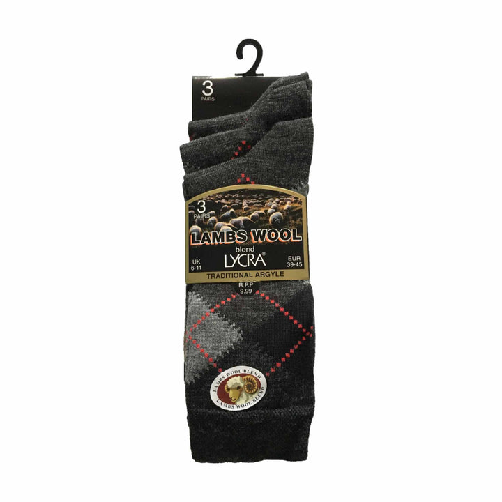 3 Pack Mens Lambs Wool Blend Argyle Socks with Soft Top