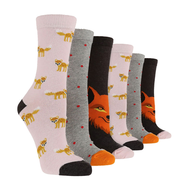 6 Pairs Ladies Multipack of Fun Design Socks with Novelty Animal Patterns