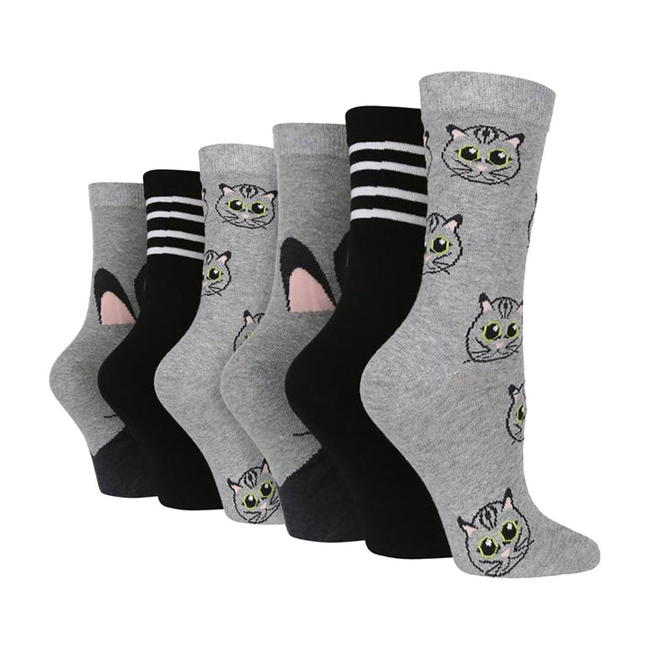 6 Pairs Ladies Multipack of Fun Design Socks with Novelty Animal Patterns
