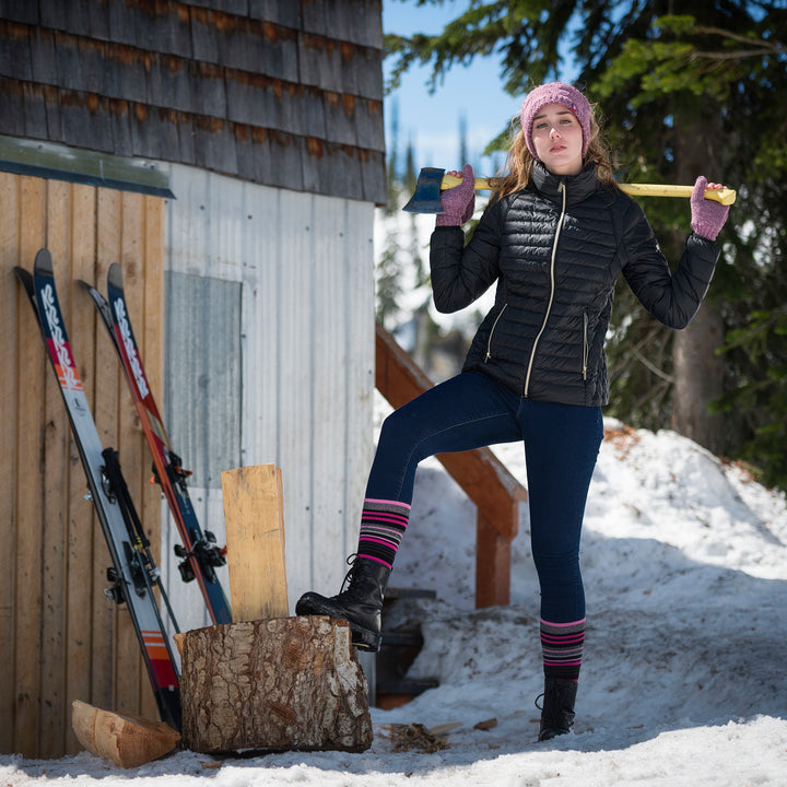 Ladies Ultra Lite Thin Thermal Winter Ski Socks with Stripes