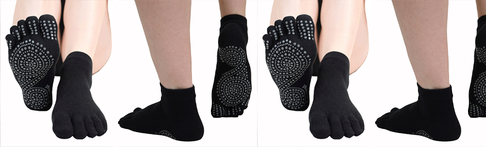 Image of yoga socks with individual toe separation, promoting proper toe alignment and flexibility during yoga practice.